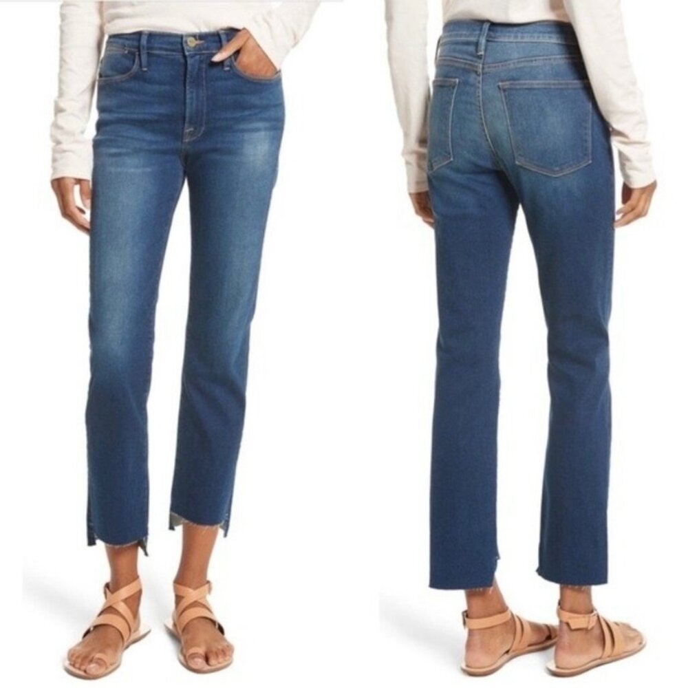 FRAME Le High Straight Leg Jeans Size 28 Womens Murrayfield Blue Raw Hem Stagger
